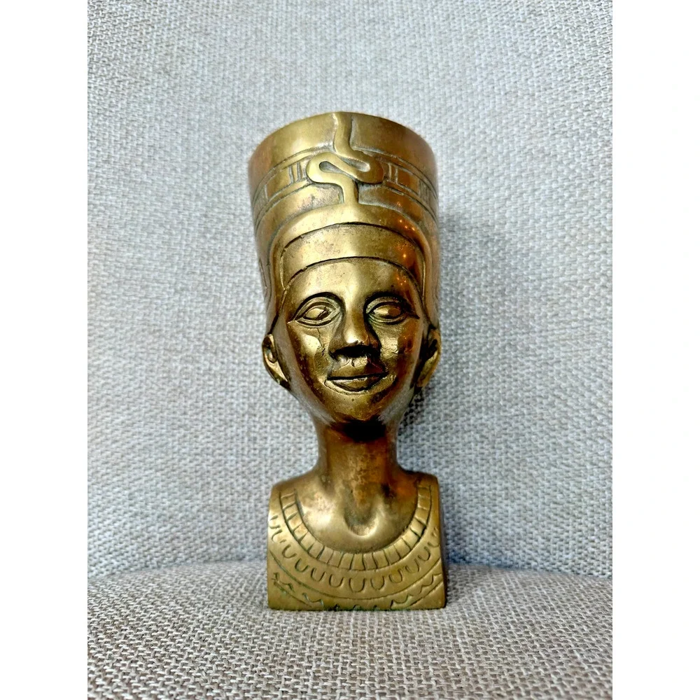 Vintage 1970s Brass Nefertiti Bust Egyptian Revival Statue 9